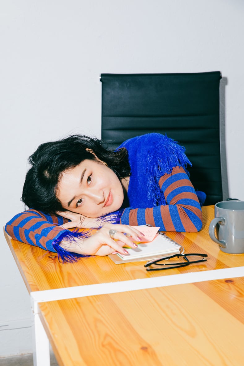 High Flash People Portraits Woman Resting on Office Table